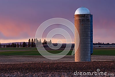 Grain Silo at Sunset Stock Photo