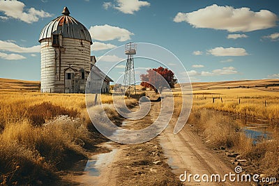 Grain silos and barns, nestled amidst rural farmland. Generative Ai Stock Photo