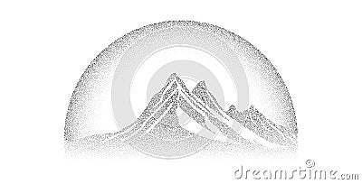 Grain stippled mountain range. Dotted landscape terrain silhouette. Black white grainy hill chain. Grunge scenery Vector Illustration