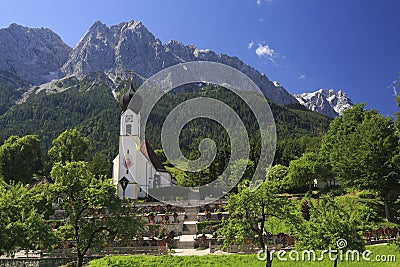 Grainau Church and Zugspitze, Bavaria Stock Photo