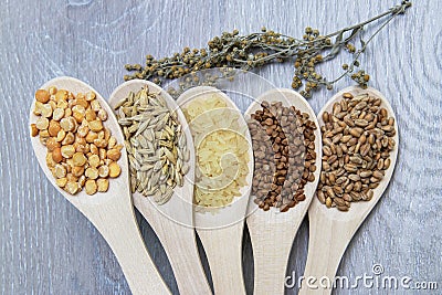 Composition of cereal grains in wooden spoons Stock Photo