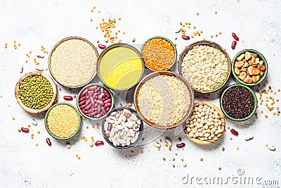 Grains, Legumes, and beans assortment top view. Stock Photo