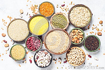 Grains, Legumes, and beans assortment top view. Stock Photo