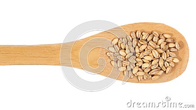 Grains over wooden bamboo spoon. Isolated, White background. Stock Photo