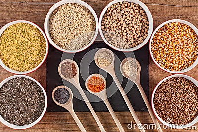 Grains and seeds variety on the table - top view Stock Photo