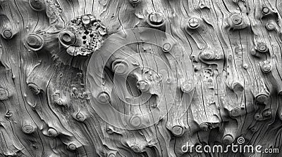 The grainy texture of a bumpy tree knot dotted with tiny knots and raised areas that create a pattern of peaks and Stock Photo