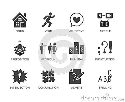 Grammar, education flat glyph icons set. Parts of speech verb, preposition, pronoun, adjective, interjection vector Vector Illustration