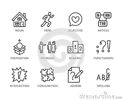 Grammar, education flat line icons set. Parts of speech verb, preposition, pronoun, adjective, interjection vector Vector Illustration