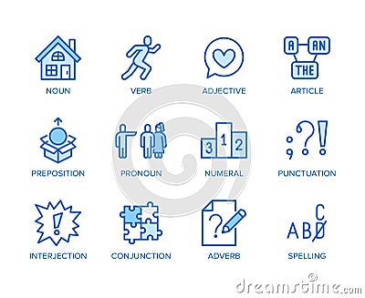 Grammar, education flat line icons set. Parts of speech verb, preposition, pronoun, adjective, interjection vector Vector Illustration