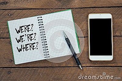 Grammar questions were, where, we are on note pad Stock Photo