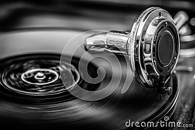 Grammophone playing old disk, in black and white Stock Photo