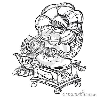 Gramophone. Ancient musical instrument. Vintage household items. Cartoon drawing for gaming mobile applications Vector Illustration