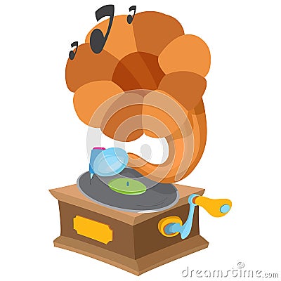 Gramophone. Ancient musical instrument. Vintage household items. Cartoon drawing for gaming mobile applications Vector Illustration