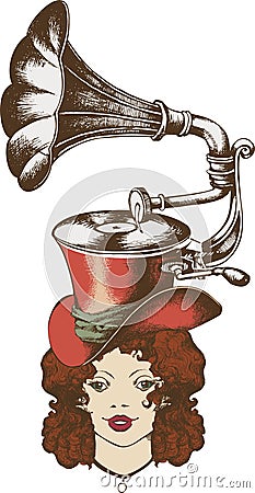 Gramophone and nice lady Vector Illustration