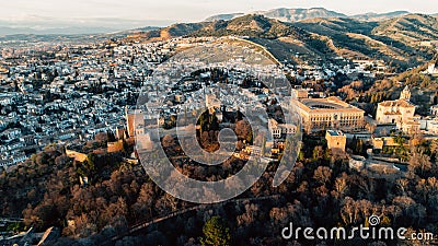 GRANADA.SPAIN-March 4:Famous spanish monument,the Alhambra palace aerial view.Fortress located Granada,Andalusia,Spain.The e Editorial Stock Photo