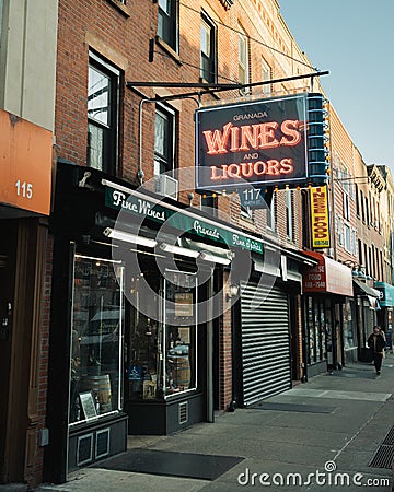 Granada Wines and Spirits vintage neon sign in Cobble Hill, Brooklyn, New York Editorial Stock Photo