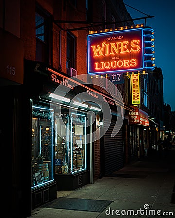 Granada Wines and Spirits vintage neon sign at night in Cobble Hill, Brooklyn, New York Editorial Stock Photo