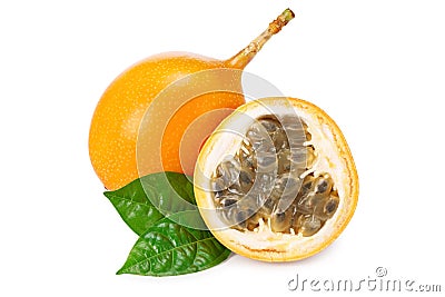 Granadilla or yellow passion fruit with green leaves isolated on white background. exotic fruit. full depth of field Stock Photo