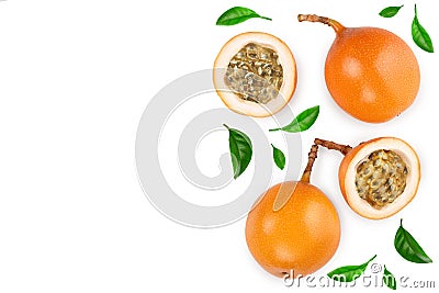 Granadilla or yellow passion fruit with leaf isolated on white background with copy space for your text. Top view. Flat Stock Photo