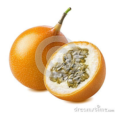 Granadilla. Yellow passion fruit whole and half isolated on whit Stock Photo