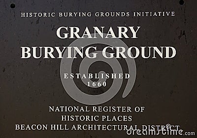 Granary Burying Ground Sign, Boston, Massachusetts Editorial Stock Photo