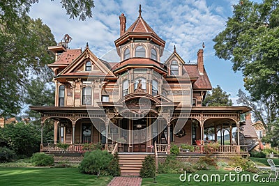 A grand brown house with a towering structure, displaying impressive architecture and commanding presence, A Victorian mansion Stock Photo