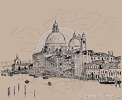 Grand canal and Basilica Santa Maria della Salute, Venice, Italy. Ink. Digital Sketch Hand Drawing Vector Illustration