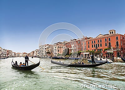 The Grand canal and gondolas with tourists, Venice, Editorial Stock Photo