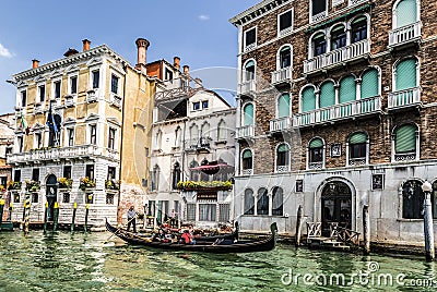 The Grand canal and gondolas with tourists, Venice, Editorial Stock Photo