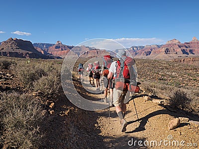 Backpackers on the Tonto Trail in the Grand Canyon. Editorial Stock Photo