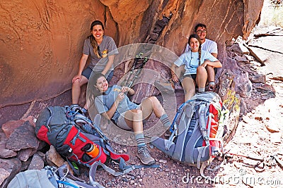 Young backpackers at rest in the Grand Canyon. Editorial Stock Photo