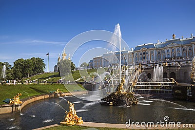 The Grand cascade fountains and Samson fountain in Peterhof on a Sunny summer day, Saint-Petersburg Editorial Stock Photo