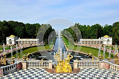 The Grand Cascade, palace and Samson Fountain in Peterhof, Editorial Stock Photo