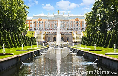 Grand Cascade of Peterhof Palace, Samson fountain and fountain alley, St. Petersburg, Russia Editorial Stock Photo