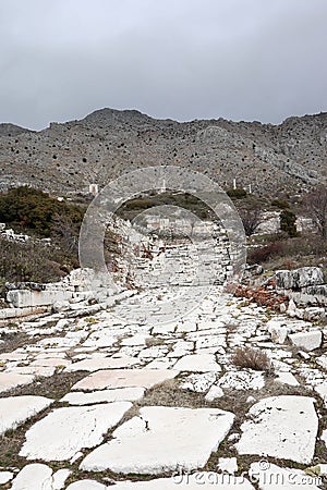 Grand colonnaded street with white marble pavement in ruins of the ancient city Sagalassos lost in Turkey mountains Stock Photo