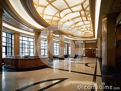 Wideangle lens captures corporate lobby with elevators and reception Stock Photo