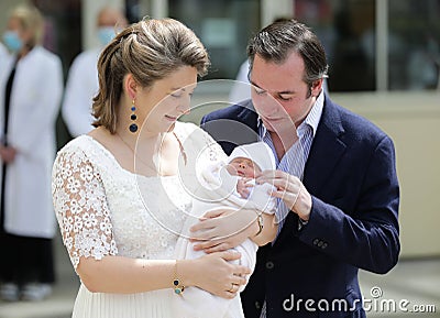 Grand Duchess Stephanie and Hereditary Grand Duke Guillaume of Luxembourg leave the hospital in L Editorial Stock Photo