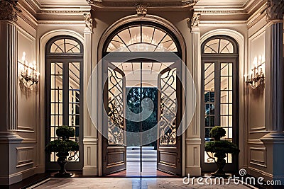 a grand entrance with double doors and a beautiful view, framed by classic architecture Stock Photo