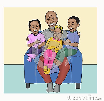 Grand father with 3 kids on chair illustration Cartoon Illustration
