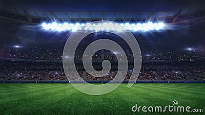 Grand football stadium middle view illuminated by spotlights and empty green grass Cartoon Illustration