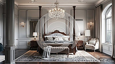 Grand four-poster bed and rich velvet bedding define this elegant master bedroom with dark wood floors and classic Stock Photo