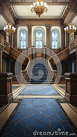 The grand hall of the royal palace. Generative AI image. Stock Photo