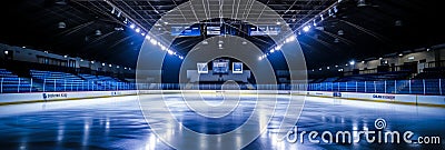 Grand hockey arena empty stands, immaculate rink bathed in bright white and intense blue spotlights Stock Photo