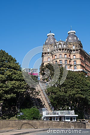 The Grand Hotel and funicular railway in Scarborough Editorial Stock Photo