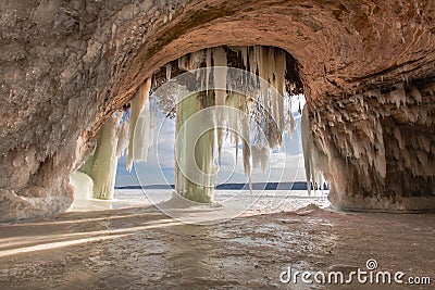 Grand Island Sea Cave with Ice Curtain in Winter, Munising Michigan Stock Photo