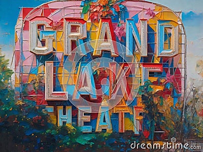 Grand Lake Theater Marquee in Oakland California Colorful Oil Painting Stock Photo