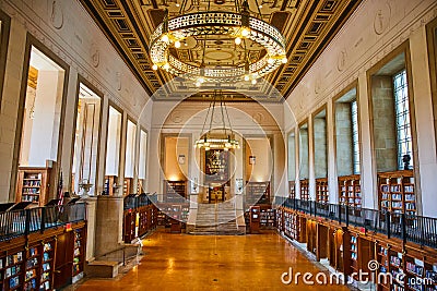 Grand Library Interior with Chandelier and Staircase Perspective Editorial Stock Photo