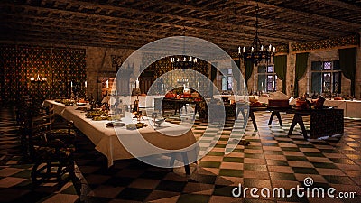 Grand medieval banquet hall with remains of a great feast on the wooden tables. 3D illustration Stock Photo