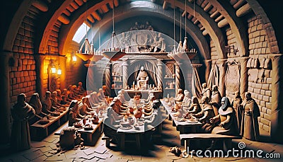 Elaborate Medieval Feast Hall with Religious and Ceremonial Elements Stock Photo