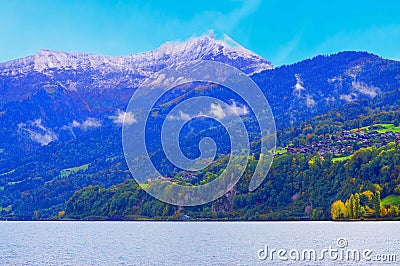 Grand mountain houses Swiss residences by Interlaken lake Stock Photo